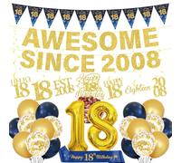 Decorazioni per il 18° compleanno per ragazzi e ragazze, 29 pezzi, striscione blu oro impressionante dal 2008 bandiera triangolare da appendere turbinii topper per torta fascia palloncino set per 18