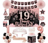 Decorazioni per il 19° compleanno per ragazze, 32 decorazioni per feste di 19° compleanno, tra cui sfondo, corona, fascia, striscione, vortice da appendere, topper per torte, palloncini, biglietto di