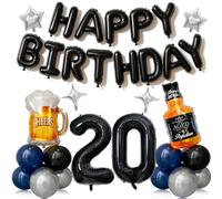 Decorazioni per il 20° compleanno da uomo, 41 pezzi con palloncino in lamina numero 20, palloncini neri e blu, kit di birra per whisky, forniture per feste