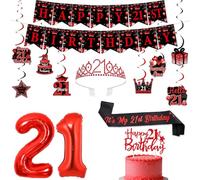 Decorazioni per il 21° compleanno da donna, kit per feste rosso e nero con striscione, decorazione per torta e palloncini numerati | Festeggia i ventuno con stile