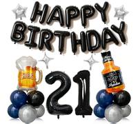 Decorazioni per il 21° compleanno da uomo, 41 pezzi con palloncino in lamina numero 21, palloncini neri e blu, kit di birra per whisky, forniture per feste