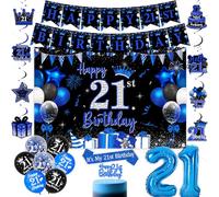 Decorazioni per il 21° compleanno nero e blu Happy 21st Birthday Banner Hanging Swirls Sash Cake Topper Numero 21 Palloncino in Lattice Kit per 21 anni Uomini Bday Party Supplies