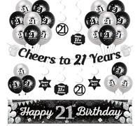 Decorazioni per il 21° compleanno per lui, da uomo, colore nero e argento, per festeggiare i 21 anni, ghirlanda da appendere con vortici, striscione per 21° compleanno e palloncini in lattice per lei