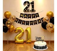 Decorazioni per il 21° compleanno per lui, palloncini neri e oro, decorazione per feste con numeri a LED luminosi, 81,3 cm, numero 21, striscione di buon compleanno, decorazione per torta per 21°