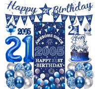 Decorazioni per il 21° compleanno, uomini e donne, 27 pezzi, blu argento Happy 21st Birthday Banner triangolare da appendere vortici sfondo torta topper 21 palloncini set per 21 anni forniture per