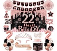 Decorazioni per il 22° compleanno da donna, 32 decorazioni per feste di 22° compleanno, tra cui sfondo, corona, fascia, striscione, vortice da appendere, topper per torte, palloncini, biglietti di