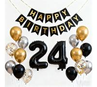 Decorazioni per il 24° compleanno per uomini e donne, palloncini neri, argento oro, striscione di compleanno, 81 cm, numero 24, palloncini in lattice per lui e lei, 24 anni (24°)