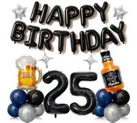 Decorazioni per il 25° compleanno da uomo, 41 pezzi con palloncino in lamina numero 25, palloncini neri e blu, kit di birra per whisky, forniture per feste