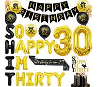 Decorazioni per il 30° compleanno in nero e oro - palloncini "So Happy I'm Thirty" Cake Topper Numero 30 palloncini in foil Happy Birthday Banner per uomini e donne Supporti per feste di compleanno