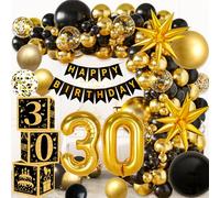 Decorazioni per il 30° compleanno per uomini e donne, kit per arco a palloncino in oro nero con palloncini in lamina "30", scatole cubiche 3D, Starburst, palloncini coriandoli, banner di buon