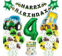 Decorazioni per il 4° compleanno del trattore ragazzo - Forniture per feste a tema veicolo da costruzione, include topper per torta, trattore numero 4, palloncini scavatori, banner di buon compleanno