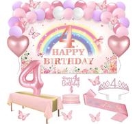 Decorazioni per il 4° compleanno per ragazze, 47 striscioni rosa argento per il 4° compleanno, tovaglia, decorazione a farfalla, fascia e tiara, topper per torte, candele, arco di palloncini, regali