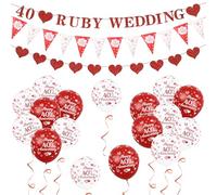 Decorazioni per il 40° anniversario di matrimonio, decorazioni per matrimoni con rubino incluso palloncino bianco e rosso, striscioni a forma di cuore e bandiere colorate per decorazioni per feste di