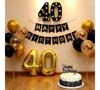 Decorazioni per il 40° compleanno da uomo, palloncini neri e oro, decorazione per feste con numeri a LED luminosi, 81,3 cm, numero 40 palloncini, striscione di buon compleanno, decorazione per torta