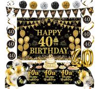 Decorazioni per il 40° compleanno per uomini e donne, sfondo per feste in oro nero con scritta "Happy 40th Birthday", set di decorazioni per 40° compleanno, tovaglia per palloncini in alluminio