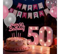 Decorazioni per il 50° compleanno da donna, con 50 numeri luminosi a LED, palloncini rosa e bianchi, striscione di buon compleanno, decorazione per torte, set di decorazioni per feste rosa per donne