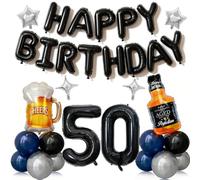 Decorazioni per il 50° compleanno da uomo, 41 pezzi con numero 50, palloncini neri e blu, kit per birra whisky per forniture per feste