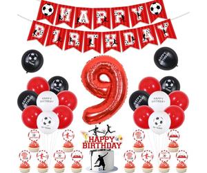 Decorazioni per il 9° compleanno, a tema calcio, topper per torte e cupcake, palloncini in rosso, nero, bianco e palloncini in lamina