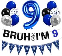 Decorazioni per il 9° compleanno del ragazzo, segno Bruh I'm 9, set di palloncini blu e argento