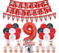 Decorazioni per il 9° compleanno per ragazzi, striscione rosso con scritta "Happy Birthday", bandierine per torte a tema calcio, topper per cupcake, palloncini rosso, nero, bianco, 9 palloncini in