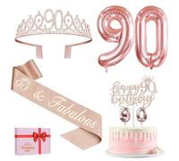 Decorazioni per il 90° compleanno da donna, tra cui fascia e corona per il 90° compleanno, topper per torta e candele, palloncini con numeri in oro rosa, regali per donne di 90 anni