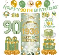 Decorazioni per il 90° compleanno donne uomini - 16 striscioni in oro verde per 90° compleanno palloncini topper per torta da appendere vortici fantastici dal 1936 sfondo di compleanno per novant'anni