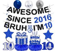 Decorazioni per il decimo compleanno a doppia cifra, 12 pezzi, glitter nero blu impressionante dal 2016 Bruh I'm 10 striscioni pre infilate da appendere a nido d'ape per lui ragazzi 10 anni forniture