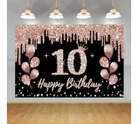 Decorazioni per il decimo compleanno per ragazza, Happy 10 Years Old Sfondo Banner in tessuto oro rosa, poster per 10° compleanno, forniture per feste di compleanno, sfondo fotografico segno di