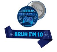 Decorazioni per il decimo compleanno regalo ragazzo - 2 pezzi tema gioco Bruh Im 10 fascia livello 10 distintivo sbloccato forniture per feste per ragazzi a doppia cifra accessori per feste di buon