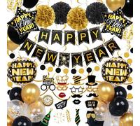 Decorazioni per il nuovo anno 2026 - Bandiera "Happy New Year" con palloncini neri e dorati - Accessori fotografici e vortici da appendere - Ghirlanda di pompon in carta nera e dorata a pois
