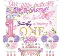 Decorazioni per il primo compleanno per ragazze - farfalla rosa viola la nostra piccola farfalla sta girando uno sfondo, striscione e topper per torta a tema farfalla primo compleanno forniture