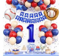 Decorazioni per il primo compleanno per ragazzi da baseball, blu navy rosso nudo palloncini decorazioni per feste banner di compleanno con numero 1 guanto da baseball palloncini in lamina topper torta