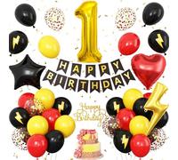 Decorazioni per il primo compleanno per ragazzi, palloncino di compleanno rosso nero giallo numero 1 palloncino con stella cuore palloncini in lamina banner topper per torta per bambini di 1 anno