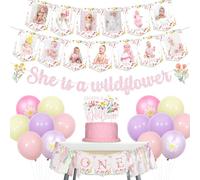 Decorazioni per il primo compleanno, She is A Wildflower Banner Cake Topper Floreale Fiore Foto Banner Seggiolone Banner Palloncini per ragazze Forniture per feste di primo compleanno