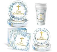 Decorazioni per la prima comunione, 96 pezzi, piatti/tovaglioli/tazze usa e getta per la prima comunione, decorazioni in oro blu per baby shower, feste di compleanno, altro, 24 ospiti, pe
