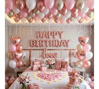Decorazioni per la stanza di compleanno per donne, decorazioni per camera d'albergo di buon compleanno per lei con palloncini in oro rosa, palloncino amore, luci a LED a candela, petali di rosa, set