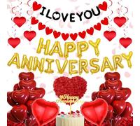 Decorazioni per matrimoni con scritta "Happy Anniversary", 547 pezzi, tra cui striscioni da appendere, decorazioni per torte, petali di rosa artificiali, palloncini per decorazioni rosse per