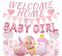 Decorazioni per neonate con scritta "Welcome Home", 33 palloncini rosa glitterati in alluminio, coriandoli, palloncini in lattice per ragazze, baby shower, rivelazione di genere, decorazioni per feste
