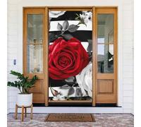 Decorazioni per porte 80 x 180 cm, strisce bianche nere e rosse fiori rosa rossa banner sfondo stagionale portico porta segno foto sfondo decorazione per feste per interni ed esterni giardino appeso