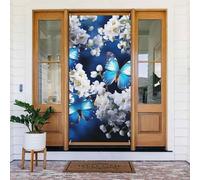 Decorazioni per porte, farfalle blu, fiori bianchi, sfondo per porta, portico, cartello per foto, decorazione per feste per interni ed esterni, giardino, striscione da appendere 80 x 180 cm
