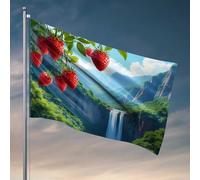 Decorazioni per porte per camera da letto, fragole appese sopra una cascata di montagna, bandiera per camera da letto, cartello per camera da letto (152 x 244 cm)