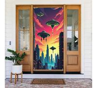 Decorazioni per porte - Primavera Estate Cartoon UFO Cityscape Stampa n. 40 Striscioni per porta per davanti, cartello invernale autunnale da appendere per esterni e interni, decorazione da parete per