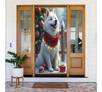 Decorazioni per porte - Simpatica stampa natalizia Samoiedo n. 11 striscione per porta autunnale invernale per davanti, cartello primaverile estivo da appendere per esterni e interni, decorazione da