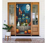 Decorazioni per porte - Stampa con castello in stile cartone animato azzurro n. 153 striscione per porta primaverile estate per davanti, cartello autunnale invernale da appendere per esterni e interni