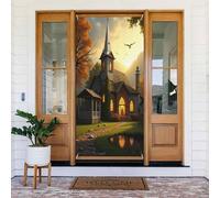 Decorazioni per porte - Stampa con chiesa in stile cartone animato n. 42 striscioni per porte anteriori autunnali e invernali, per primavera ed estate, sfondo da appendere per esterni, interni