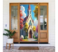 Decorazioni per porte - Stampa con chiesa in stile cartone animato n. 46 striscioni per porte anteriori autunnali e invernali, per primavera ed estate, sfondo da appendere per esterni, interni