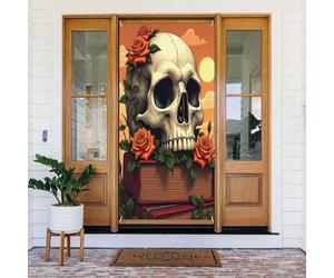 Decorazioni per porte - Stampa di un libro con teschio e rosa n. 284 striscioni per porte per la primavera e l'estate, per la parte anteriore, per autunno e inverno, sfondo da appendere per esterni