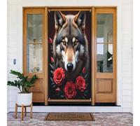 Decorazioni per porte - Stampa lupo rosa rossa n. 606 striscioni per porta primaverile estate per davanti, cartello autunnale invernale da appendere per esterni e interni, decorazione da parete, 1,8 x