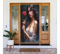 Decorazioni per porte - stampa rosa rossa con signora n. 215 striscioni per porte autunnali e invernali, per la primavera e l'estate, sfondo da appendere per esterni e interni, decorazione da parete