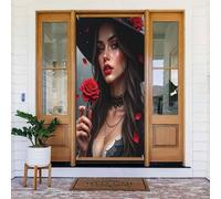 Decorazioni per porte - stampa rosa rossa con signora n. 271 striscioni per porte autunnali e invernali, per la primavera e l'estate, sfondo da appendere per esterni e interni, decorazione da parete
